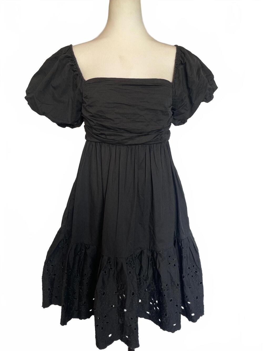 Black Eyelet Dress M Puff Sleeve Bow Dark Cottage Fairy Grunge Romantic Goth